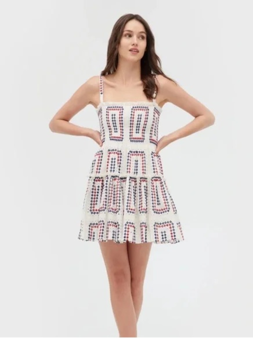 Hill House Seraphina Mini Nap Dress Geo Eyelet Red White Blue Medium NWT